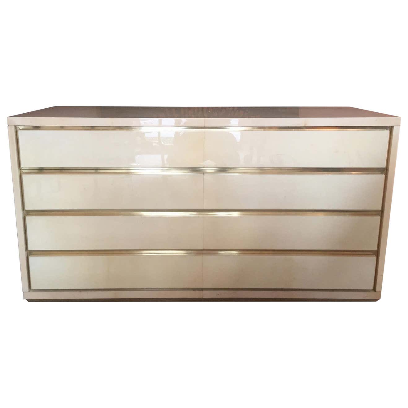 Original Italian Chest of Drawers in Brass and Parchment Designed by Aldo Tura