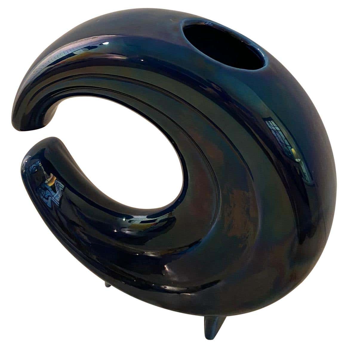 1970s Astonishing Space Age Blue Vase in Ceramic by Gabbianelli, Made in Italy